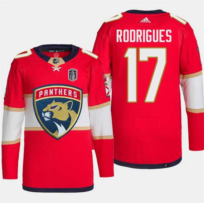 Men%27s Florida Panthers #17 Evan Rodrigues Red 2024 Stanley Cup Final Patch Stitched Jersey Dzhi